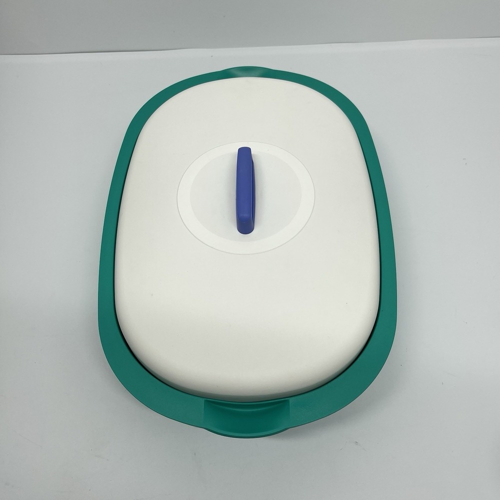 13" Tupperware 7 1/4 Cup Legacy Microwave Serving Dish Tray Oval Teal White Lid - Picture 3 of 12